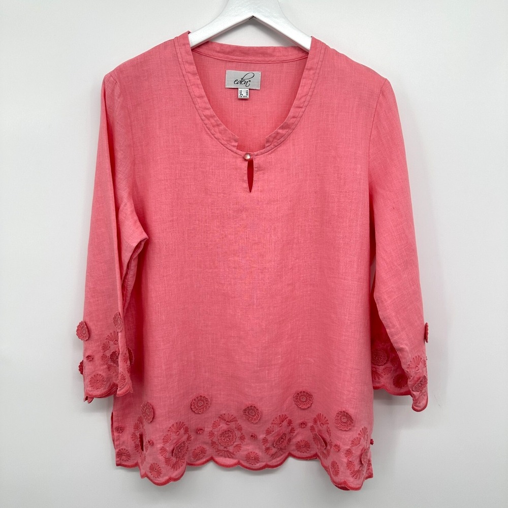 eden Womens Top Shirt Size 14 M L Embroidered‎ Linen Lagenlook Beachy Coastal